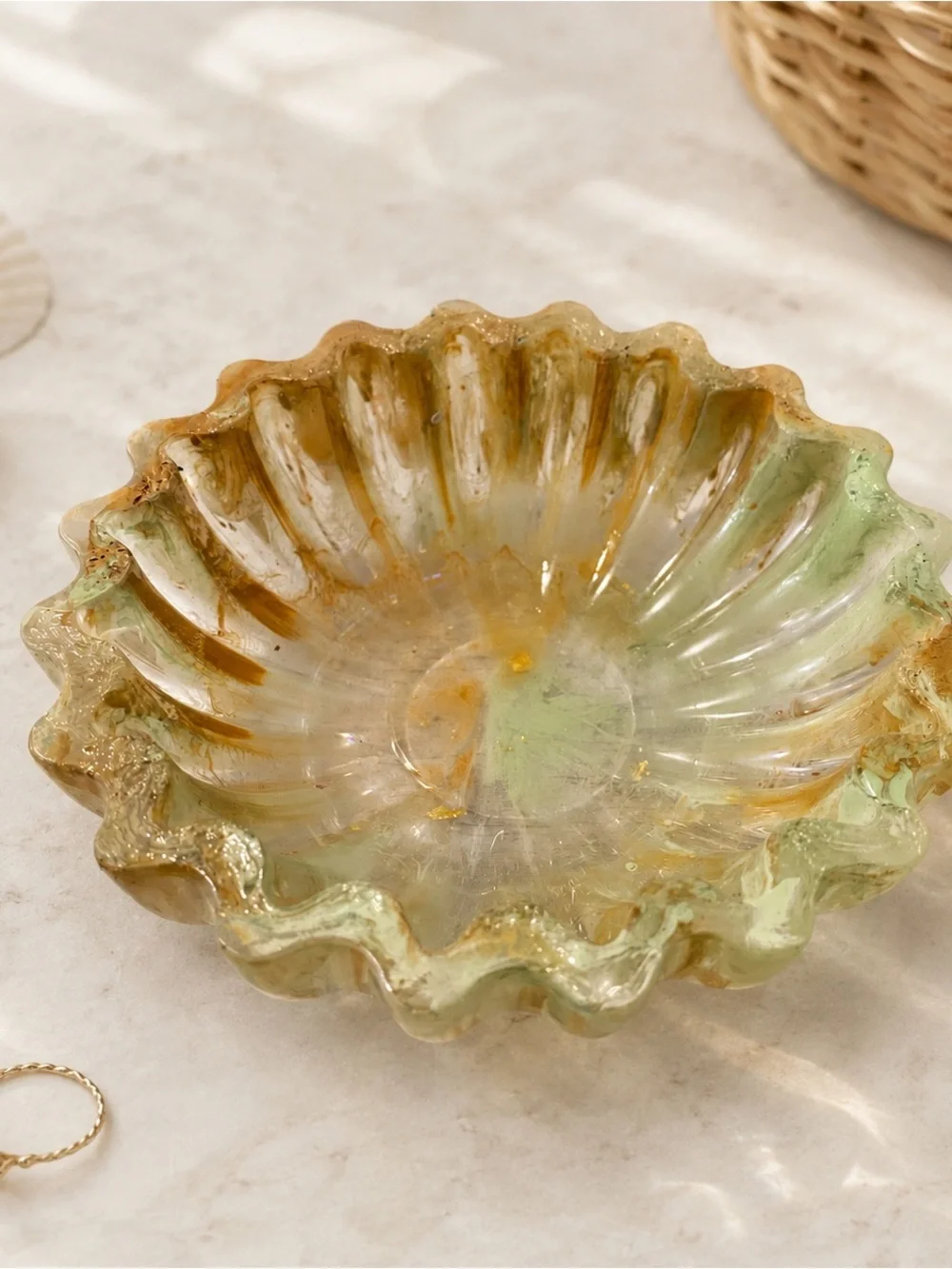 Handmade Green and Amber Decorative Glass Serving Bowl